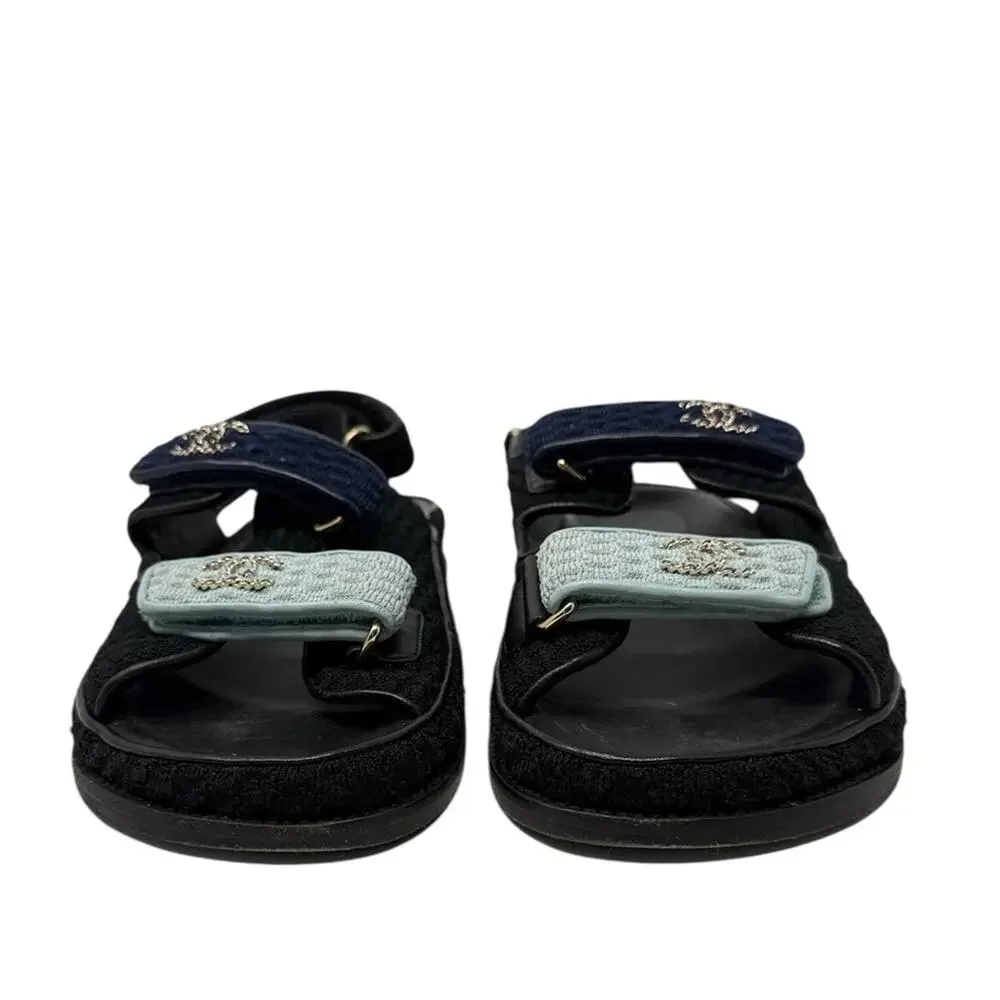 Chanel Dad Sandals CC Chain Logo Blue Two Tone Knit Flat Slingback Size 37